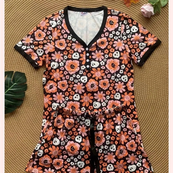 Shirley &‎ Stone Boho Floral Skeleton Short With Short Sleeve Pajama Set Size Sm - Picture 4 of 5